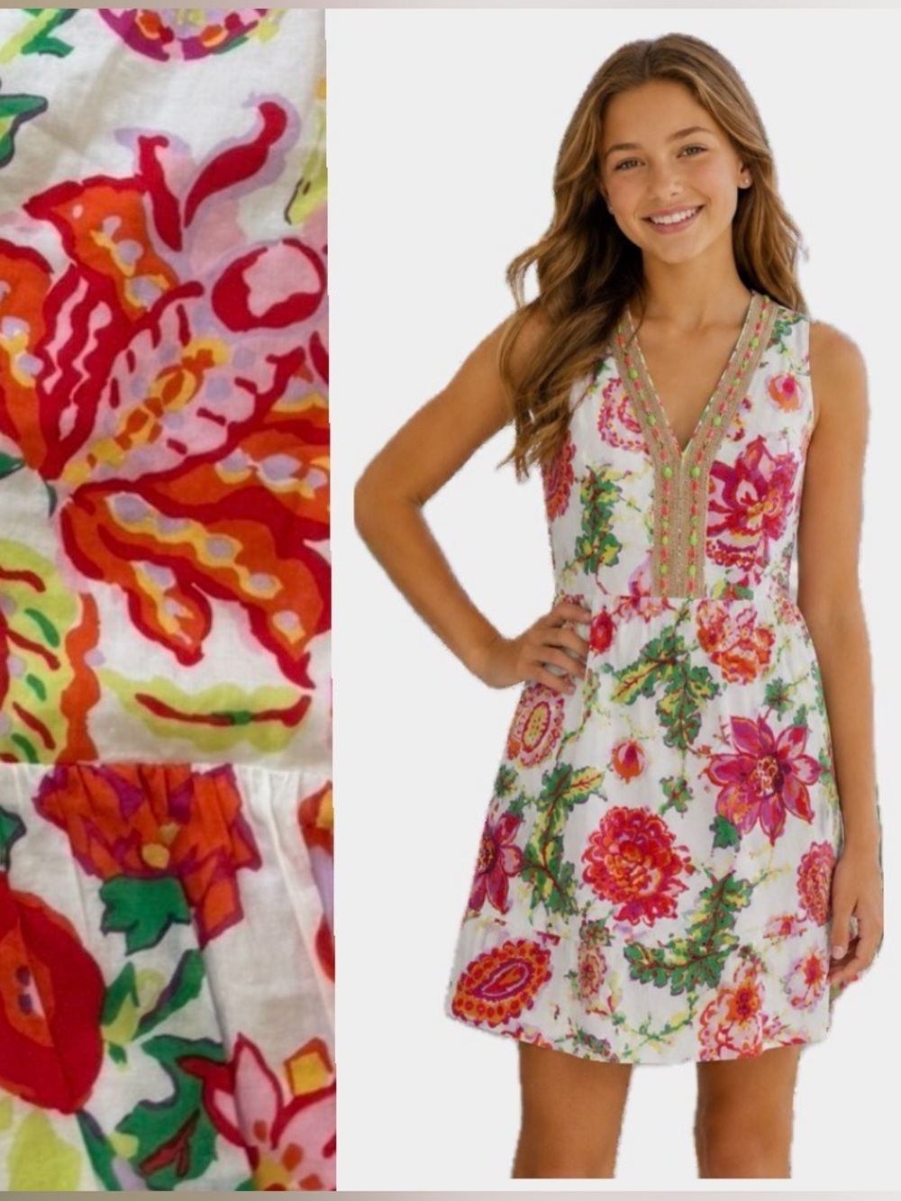 Vineyard Vines, Cotton Girls Floral V-Neck Dress with Neon Accents, Size 14